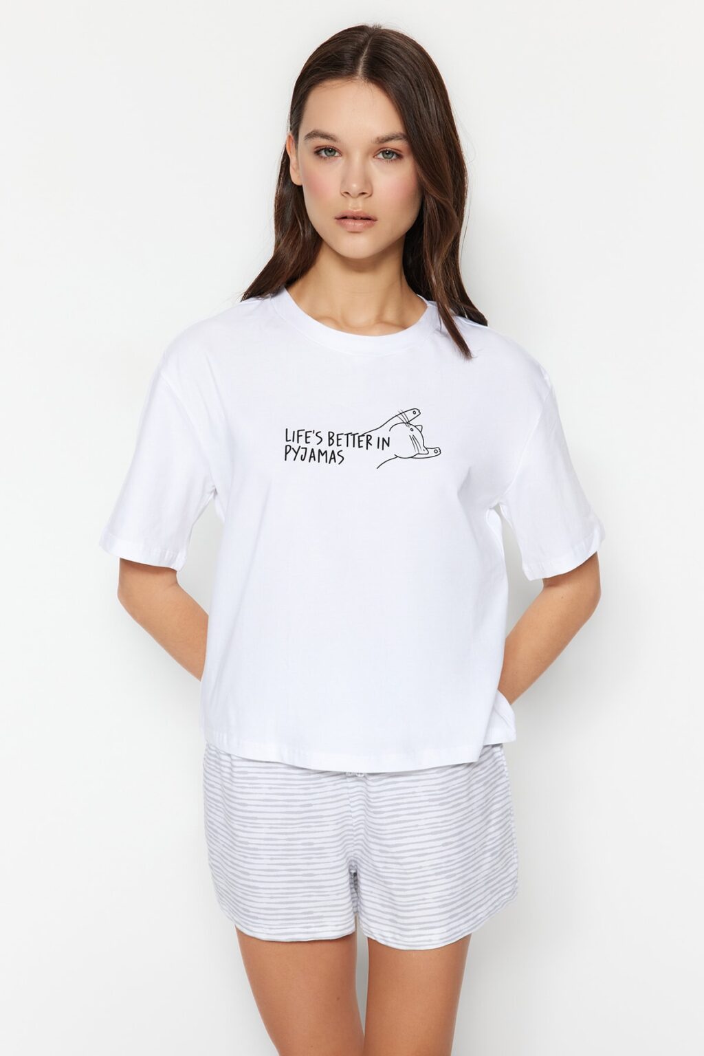 Trendyol White Cotton Striped Slogan Printed Shorts Knitted Pajama Set