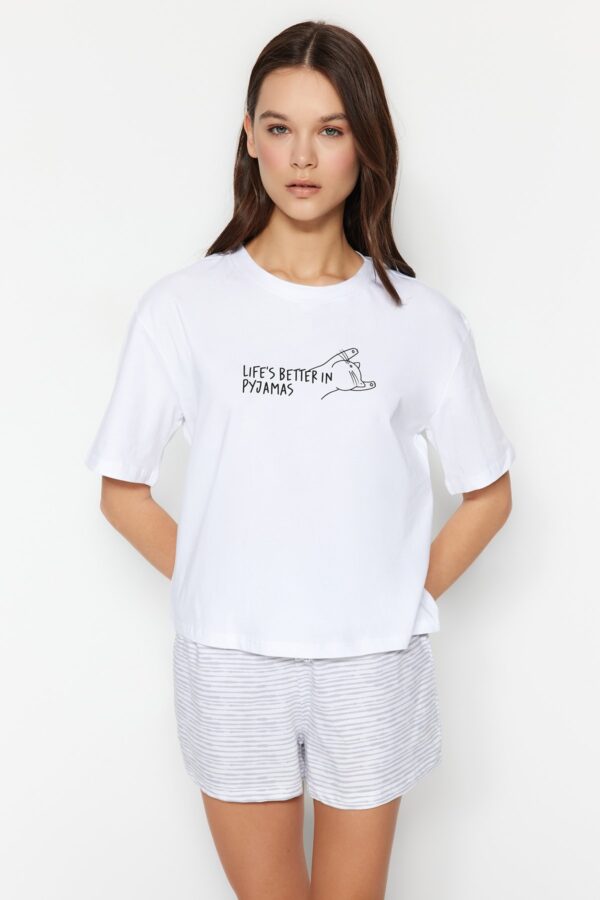 Trendyol White Cotton Striped Slogan Printed Shorts Knitted Pajama Set