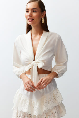 Trendyol White Crop Woven Tie Beach Blouse Trendyol White Crop Woven Tie Beach Blouse