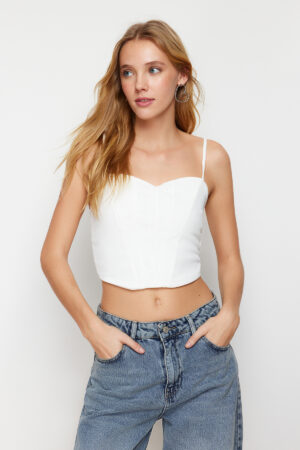 Trendyol White Fitted Crop Adjustable Strappy Crepe Knit Bustier Trendyol White Fitted Crop Adjustable Strappy Crepe Knit Bustier
