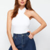 Trendyol White Halter Neck Fitted/Fitted Stretch Knitted Blouse