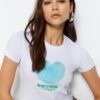 Trendyol White Heart Printed Fitted/Simple Crop Crew Neck Cotton Stretch Knitted T-Shirt