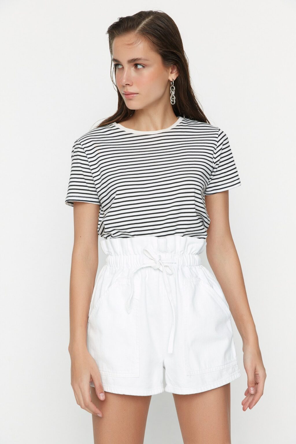 Trendyol White High Waist Denim Shorts With Elastic Waist