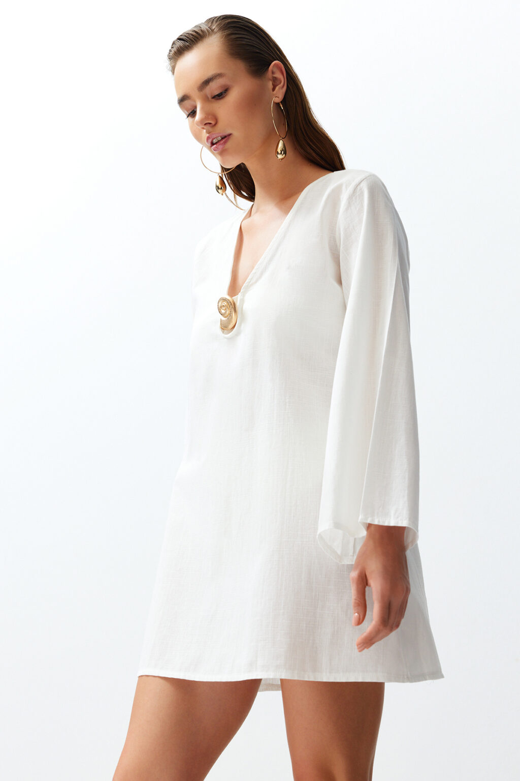 Trendyol White Mini Woven Premium Seashell Accessory 100% Cotton Beach Dress