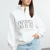 Trendyol White Oversize/Wide Pattern Slogan Embroidered Zippered Collar Knitted Sweatshirt