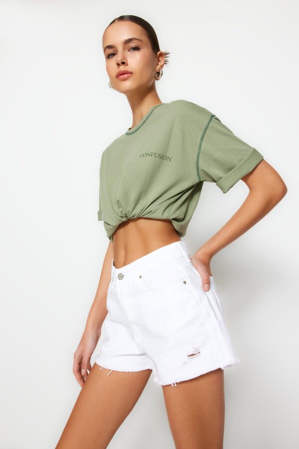 Trendyol White Ripped Regular Waist Denim Shorts