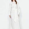Trendyol White Wide Belted Zipper Cuffed Unlined Linen Look Dress
