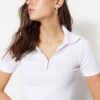 Trendyol White Zipper Detailed Fitted Polo Neck Ribbed Stretchy Knitted Blouse