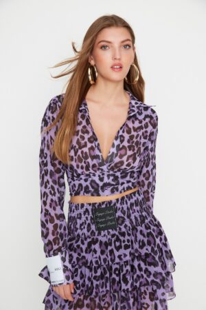 Trendyol X Sagaza Studio Purple Leopard Printed Chiffon Shirt Trendyol X Sagaza Studio Purple Leopard Printed Chiffon Shirt