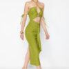 Trendyol X Zeynep Tosun Oil Green Elegant Evening Dress with Knitted Window and Accessory Detail