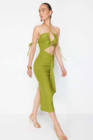 Trendyol X Zeynep Tosun Oil Green Elegant Evening Dress with Knitted Window and Accessory Detail