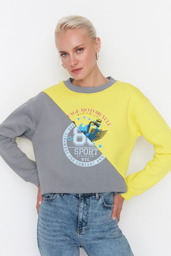 Trendyol Yellow Color Block Loose Thick Fleece Knitted Sweatshirt
