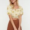 Trendyol Yellow Floral Pattern Square Neck Crop Blouse