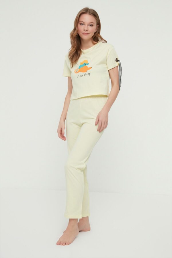 Trendyol Yellow Printed Stripe Knitted Pajamas Set