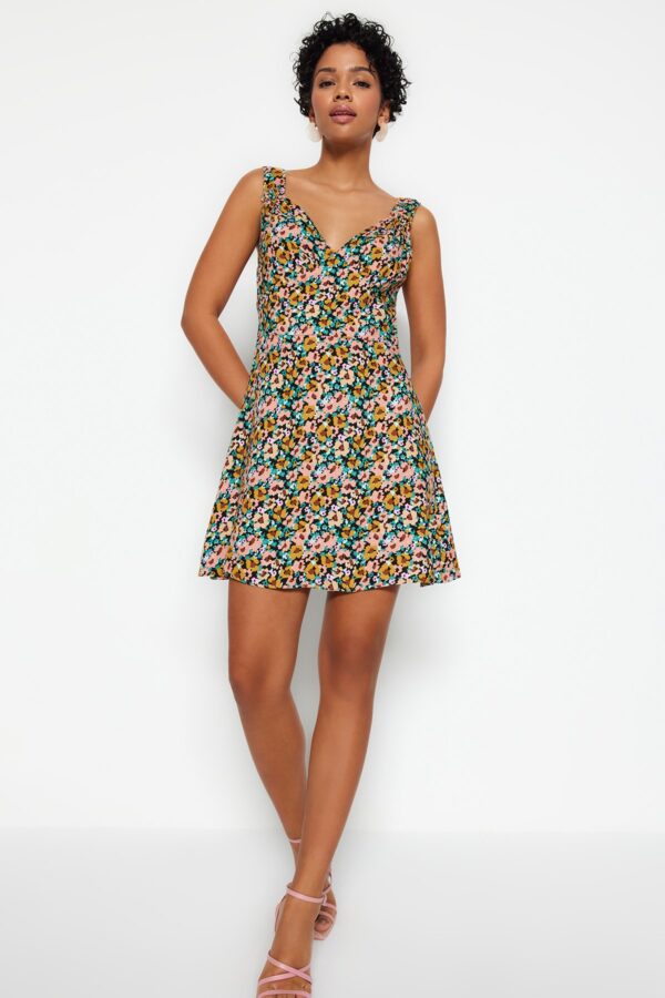 Trendyol Yellow V Neck Printed Woven Woven Dress