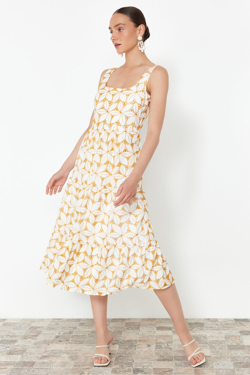 Trendyol Yellow Waist Opening Midi Woven Brode Dress