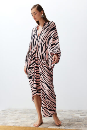 Trendyol Zebra Patterned Wide Pattern Maxi Woven Draped Beach Dress