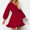 Trendyol bordó öves mini szőtt flounce ruha
