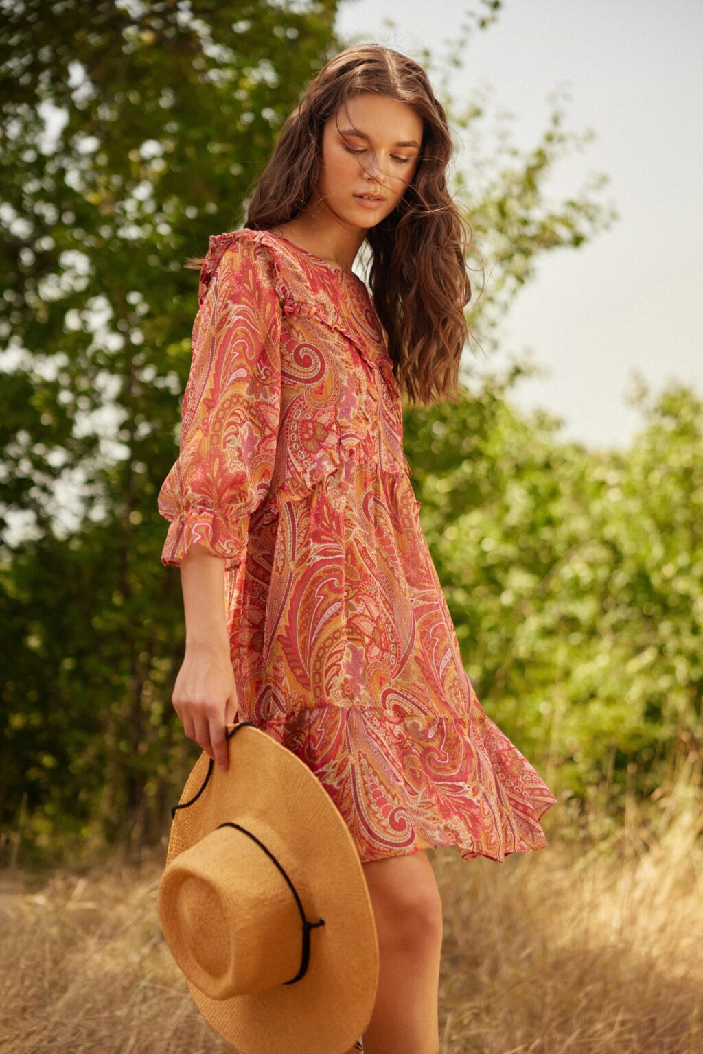 Trendyol csempe sima szabású mini szövésű sifon bélelt fodros Paisley mintás ruha ruha