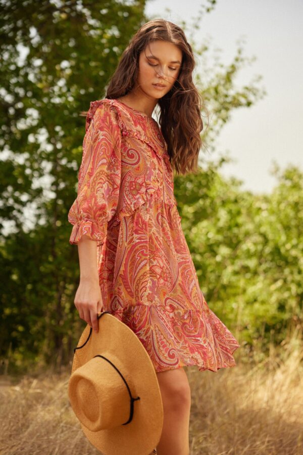 Trendyol csempe sima szabású mini szövésű sifon bélelt fodros Paisley mintás ruha ruha