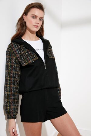 Trendyol fekete kapucnis Tweed Block Mont