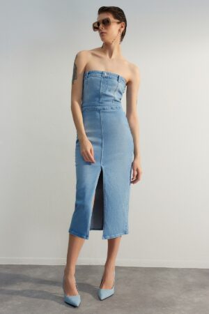 Trendyol jégkék hasított részletes midi farmer elegáns estélyi ruha