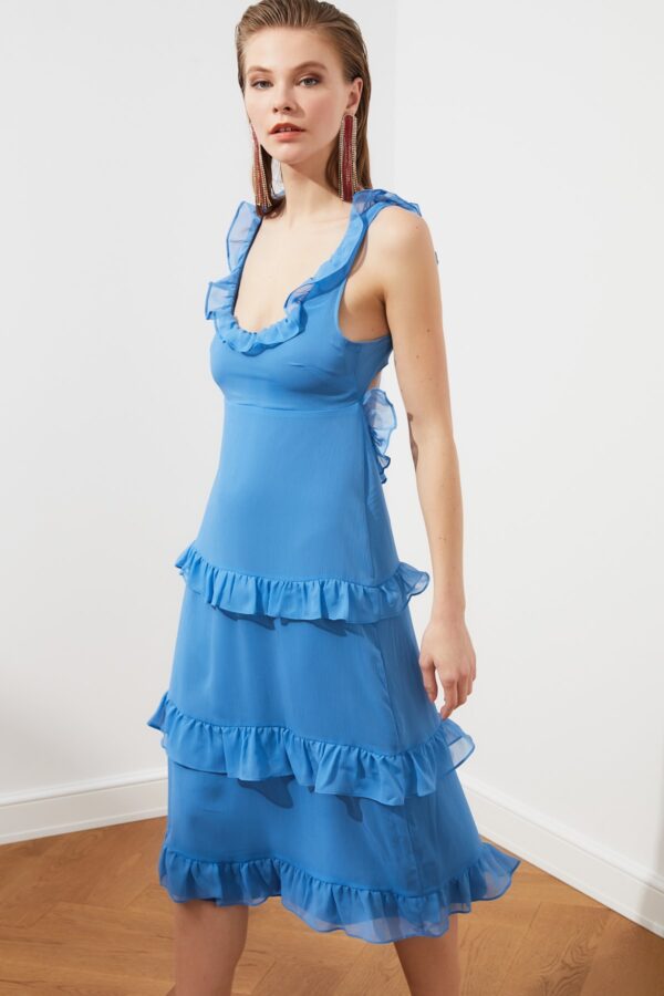Trendyol kék fodros chiffon ruha