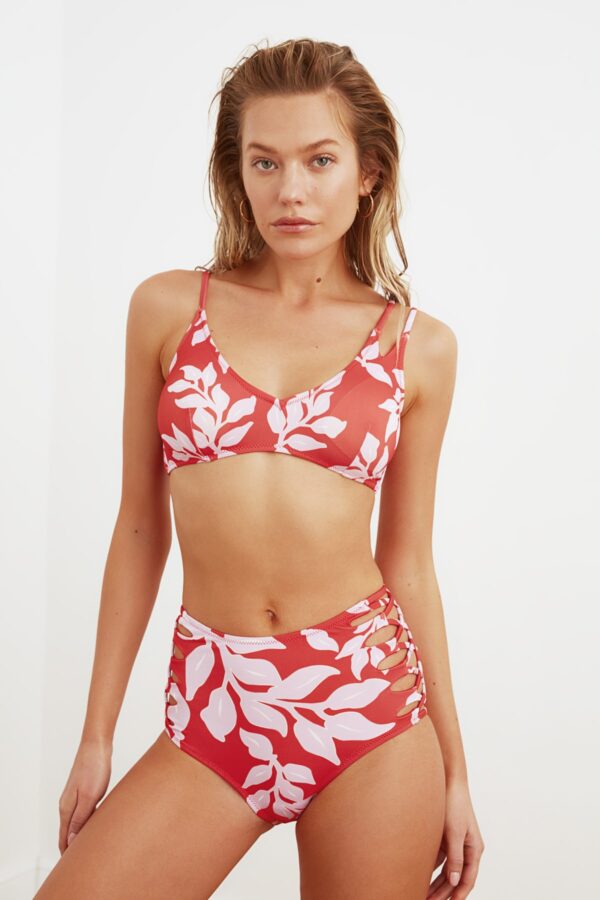 Trendyol színes levél minta cross-connected magas derék bikini alsó