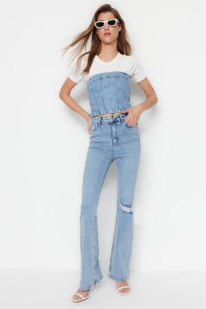 Trendyol világoskék szakadt magas derékú flare farmer