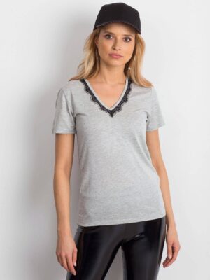 V-neck blouse decorated with gray lace V-neck blouse decorated with gray lace