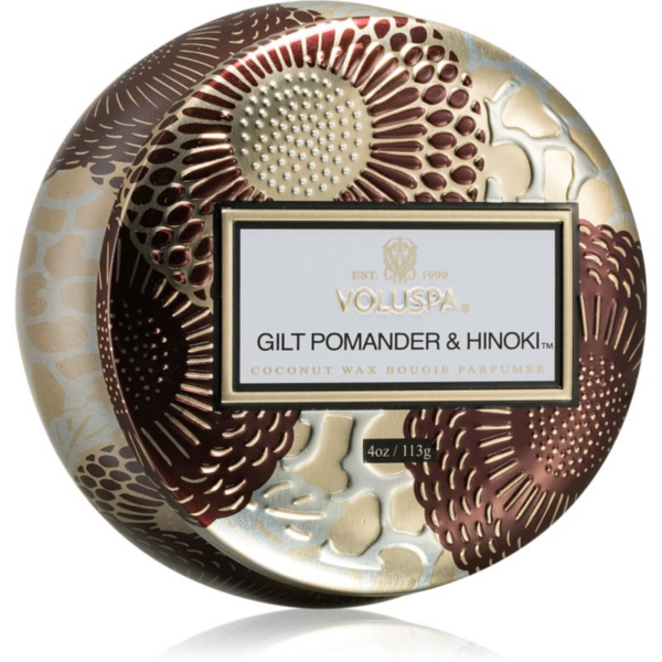 VOLUSPA Japonica Holiday Gilt Pomander & Hinoki illatgyertya alumínium dobozban 113 g-ár
