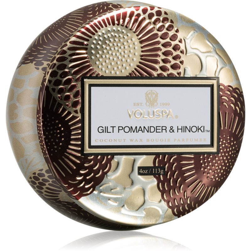 VOLUSPA Japonica Holiday Gilt Pomander & Hinoki illatgyertya alumínium dobozban 113 g-ár