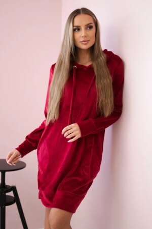 Velour dress with a hood in maroon color