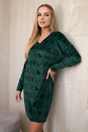 Velvet dress with decorative pattern green + black