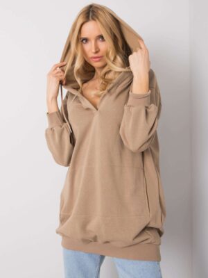 Világosbarna női pulóver kapucnival