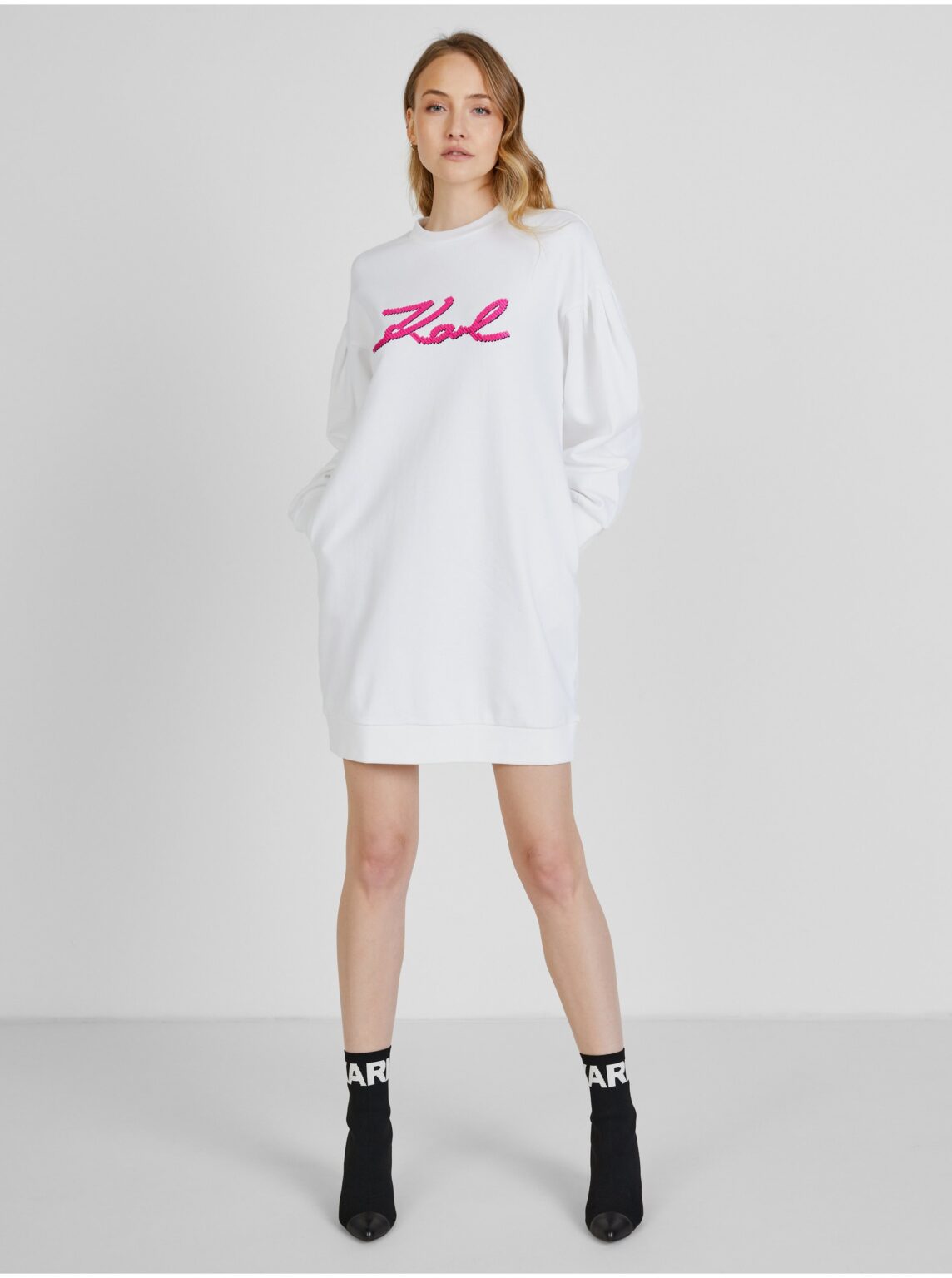 White Women's Hoodie Dress with Balloon Sleeves KARL LAGERFELD - Women