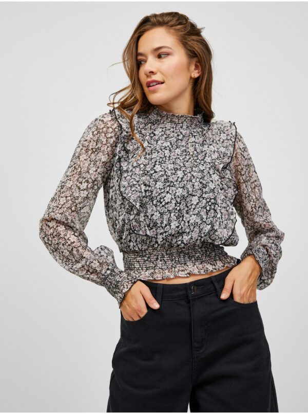 White-black floral short blouse with ruffles TALLY WEiJL - Ladies White-black floral short blouse with ruffles TALLY WEiJL - Ladies