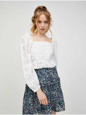 White perforated cropped blouse with balloon sleeves VERO MODA Naima - Women White perforated cropped blouse with balloon sleeves VERO MODA Naima - Women