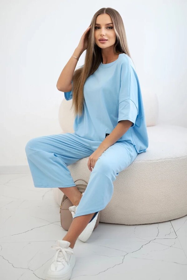 Włoski Cotton set blouse + trousers blue