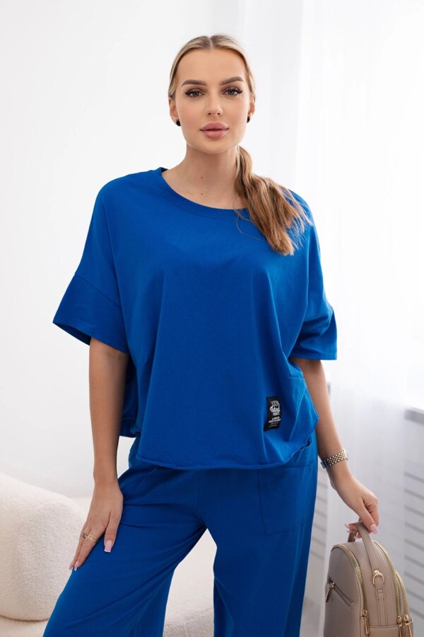 Włoski Cotton set blouse + trousers cornflower blue