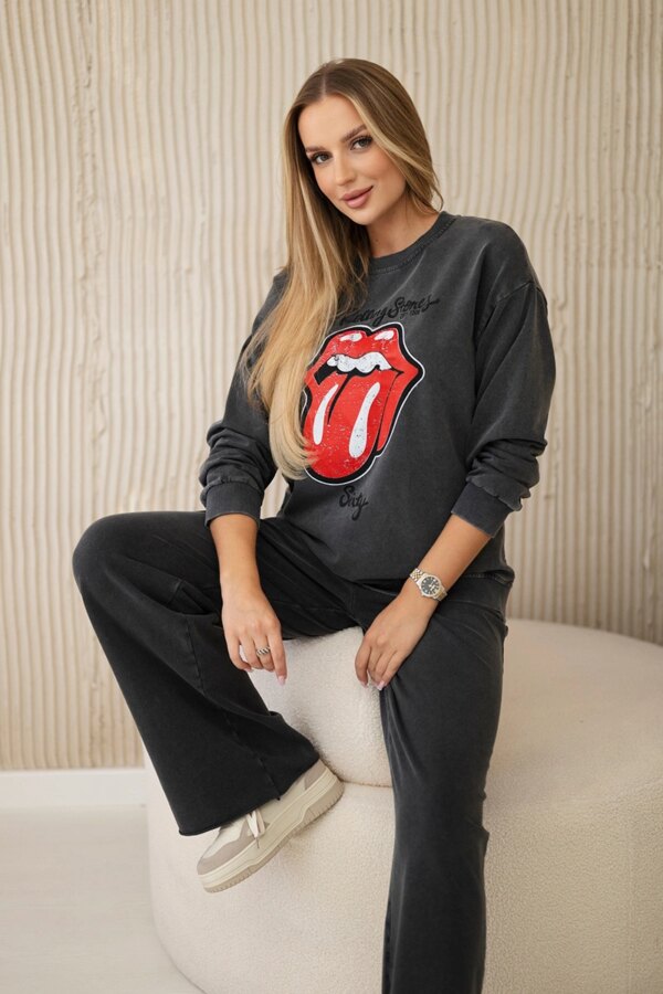 Włoski Cotton set wiped with print sweatshirt + pants Graphite