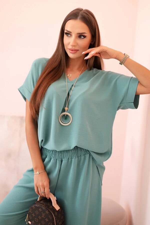 Włoski Set with necklace blouse + pants dark green