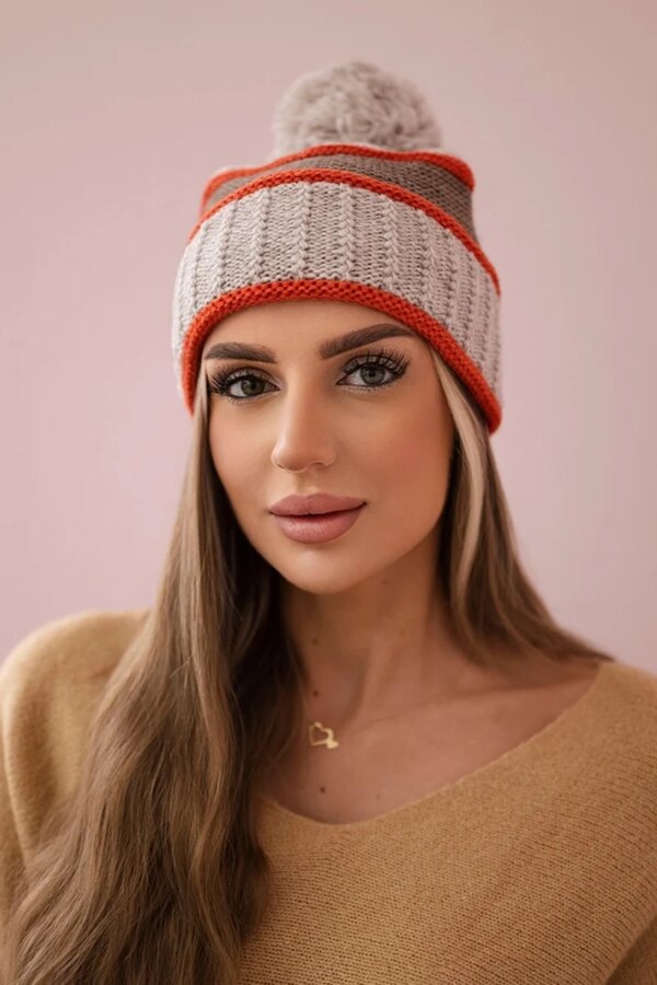 Women's Cap Kinga K297 Beige + Mocca + Red
