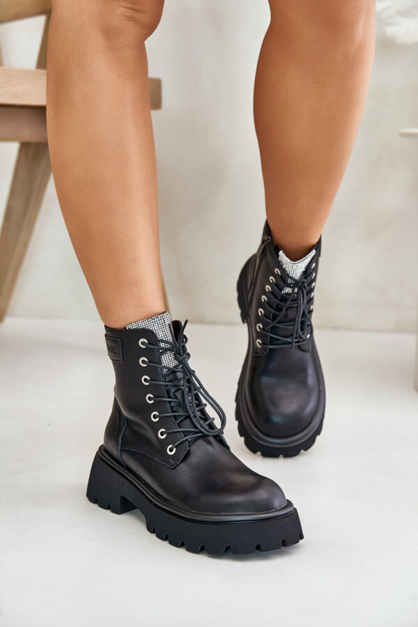 Women's Insulated Leather Ankle Boots Workery with GOE Crystals Black