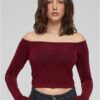 Women's Off Shoulder Glitter Long Sleeve Burgundy