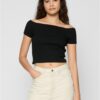 Women's T-Shirt Off Shoulder Rib Tee 2-Pack Redburgundy+Black