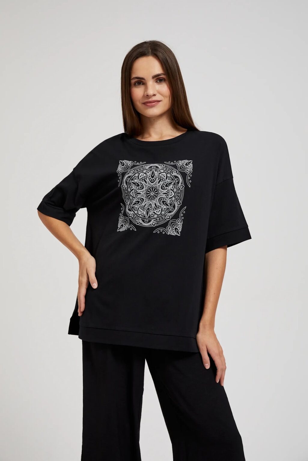 Women's T-shirt with Mandala print MOODO - black