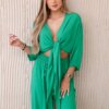 Women's Viscose Set Top with Tie Down + Pants - Green