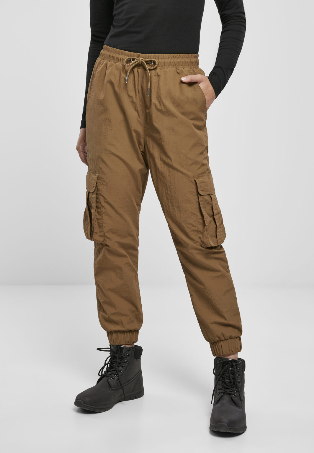 Women's Wavy Nylon Cargo Trousers with High Waist in the Middle