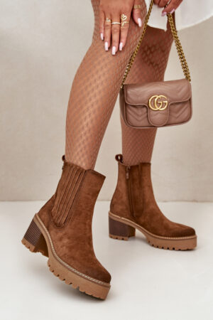 Women's ankle boots on a heel made of eco suede insulated brown Nevitas